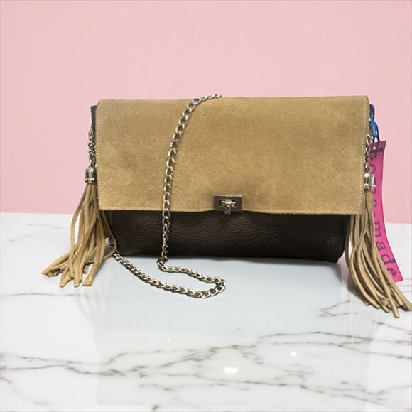 Home-Made Brand Black Pebbled Leather Tan Suede Flap Turn Lock Convertible Bag - Picture 3 of 10